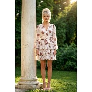 In February Dress Womens M Ivory Floral Tiered Ruffle Mini V-Neck romantic nwt